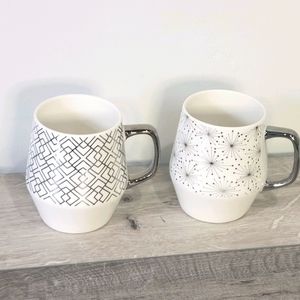 Set of 2 Large Silver and White Mugs